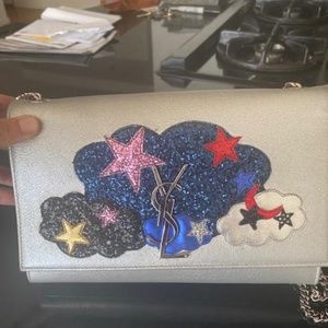 Brand New YSL Silver Monogram "Kate" Embellished Medium Leather Bag